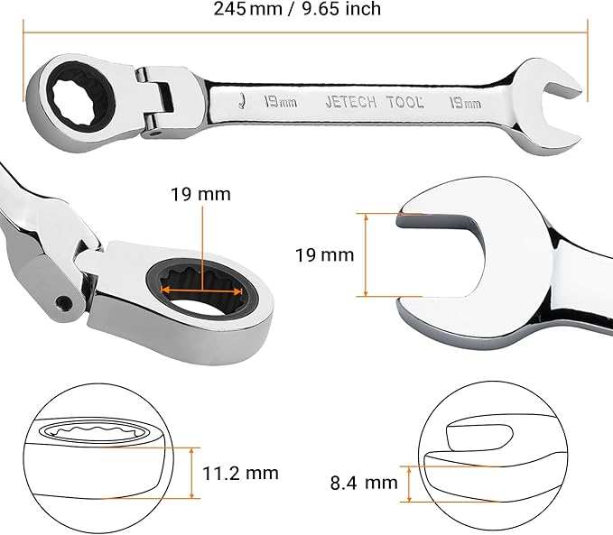 Jetech 19mm Ratchet Wrench Flex Head: Box End Wrench 12Pt| Metric Ratcheting Combination Chrome Vanadium,Forged, Extra Durability