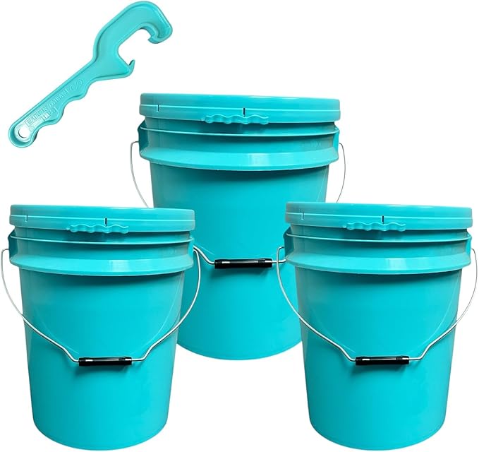 5 Gallon Plastic Bucket Pail with Lid (Pack of 3) – Includes Free Bucket Opener - Food Grade, BPA Free, Heavy Duty –– for Storage, Emergency, Paint, Brining, and More (Blue)