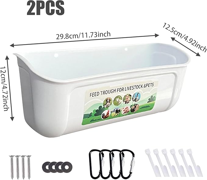 2 Pack Chicken Duck Dog Feeder, Poultry Feeders and Waterers, Hanging Goat Feeder, Livestock Feeding Container, Feed Trough and Waterer Bucket with Clips (White)