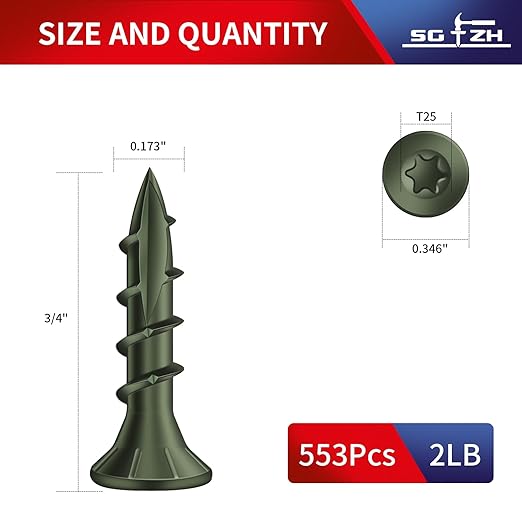 #8 x 3/4" Deck Screws (553Pcs) 2lb. Carbon Steel, Green, Flat Head, Rust Resistant epoxy Coated, with T25 Star Bit