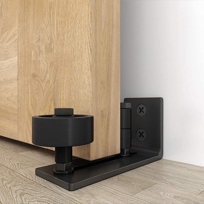 WINSOON Sliding Barn Door Floor Guide Wall Mounted Hardware for Flush Bottom Adjustable Stay Rollers, Set of 2,8 Setup Options, Smooth Wheels Fit Most Closet Pocket Doors, Black
