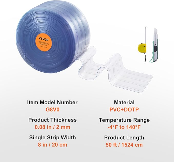 VEVOR Strip Curtain, 50' Length x 8" Width x 0.08" Thickness, Clear Ribbed PVC Curtain Strip Door Bulk Roll, Plastic Door Strips for Doorways of Supermarket, Garage, Warehouse, Barn, Pet Animal House