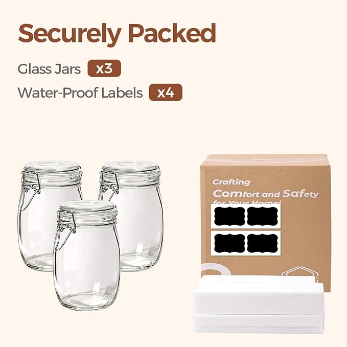 ComSaf Airtight Glass Canister Set of 3 with Lids 34oz Food Storage Jar Round - Storage Container with Clear Preserving Seal Wire Clip Fastening for Kitchen Canning Cereal,Pasta,Sugar,Beans,Spice