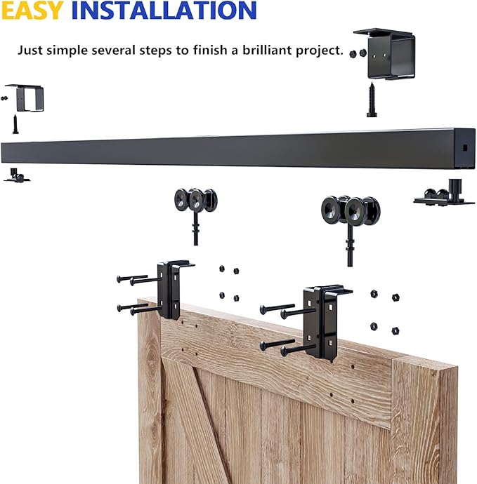 10FT Box Rail Hardware Heavy Duty Steel Sliding Barn Door Track, Ceiling Mount Kit, Fit Indoor and Exterior Door, Smoothly and Quietly Easy to Install Double Door Hardware