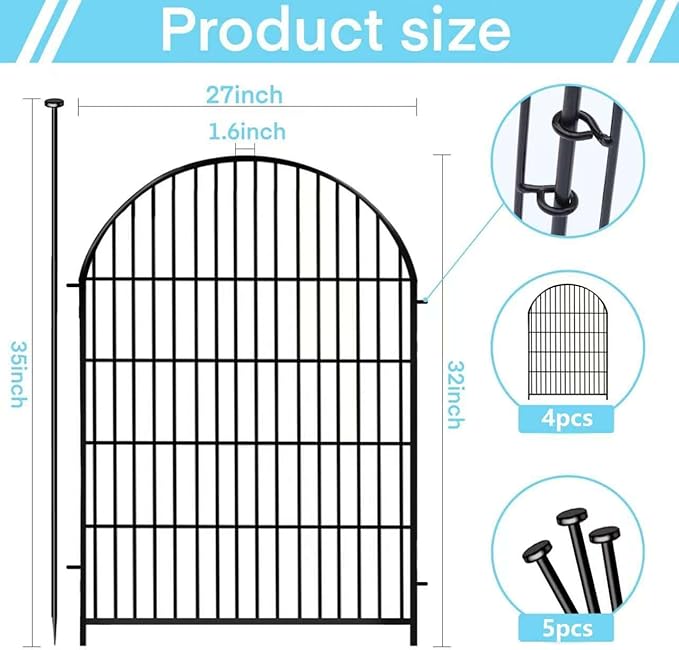 Tall Garden Fence Animal Barrier, 32 in(H) x8.8 Ft(L) 4 Panels Garden Fence with Gate, Dog Fence Outdoor for Yard, Arched Rustproof Metal No Dig Fences for Dogs, Flower Bed Fencing