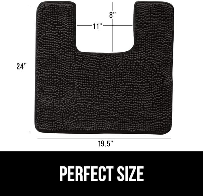 GORILLA GRIP Plush Absorbent Shaggy Chenille Bath Rug Mat for Square Toilet Base with Rubber Backing, Machine Washable Rugs, Soft Microfiber Contour Mats for Toilets, Bathroom Decor, Black
