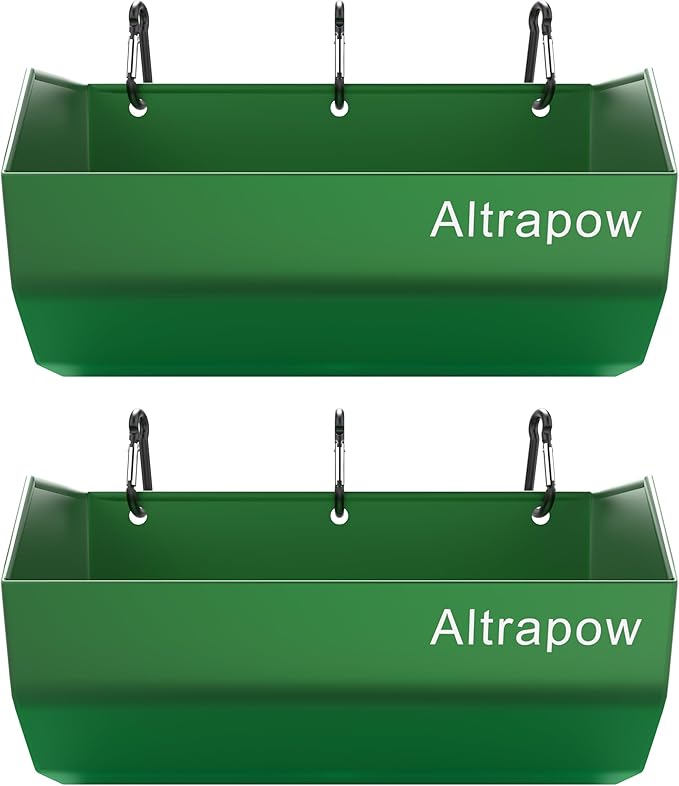 4.5 Quart Hanging Goat Feeder [Material of Metal] with Clips and Nylon Tie Wraps, Fence Feeder [Sturdy and Durable] for Goat, Pig and Dog, Green, 2 Pack