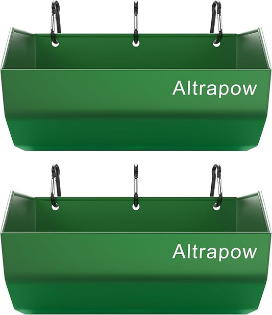 4.5 Quart Hanging Goat Feeder [Material of Metal] with Clips and Nylon Tie Wraps, Fence Feeder [Sturdy and Durable] for Goat, Pig and Dog, Green, 2 Pack