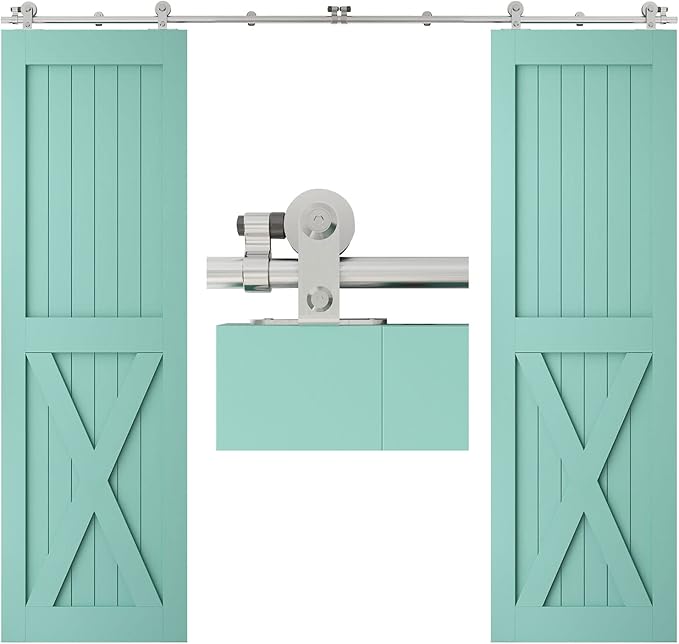 TSMST 9FT Sliding Barn Door Hardware Kit, Top Mount Stainless Steel Heavy Duty Sturdy Barn Door Track for Double Wood Door, Slide Smoothly Quietly (T Style)