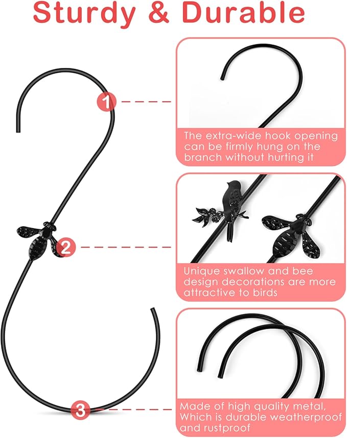 PACETAP Hummingbird Feeder Hook 12-Inch, 2PCS Black Metal Bird Feeders Hanger, Heavy Duty Outdoor Indoor Plant Hangers for Hanging Plants, Wind Chimes, Other Ornaments