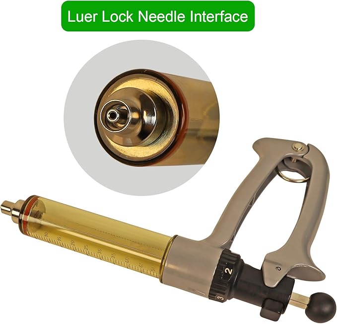 50ML Semi Automatic Livestock Syringe, 5 Gears Adjustable Continuous Repeating Luer Lock Syringe for Farm Ranch Cattle Cow Horse Goat Sheep Hog