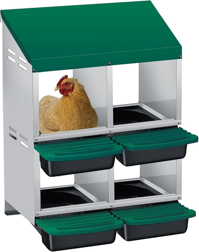 GarveeLife Chicken Nesting Box, 4 Compartments Laying Nest Boxes for Laying Eggs Chicken Brooder Box Nest Box with Perch 2x2 Hole Green