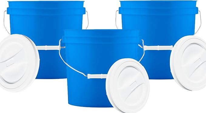 House Naturals 2 Gallon Blue Plastic Food Grade Pail Made in USA Bucket with White Screw On Lid (Pack of 3) BPA Free