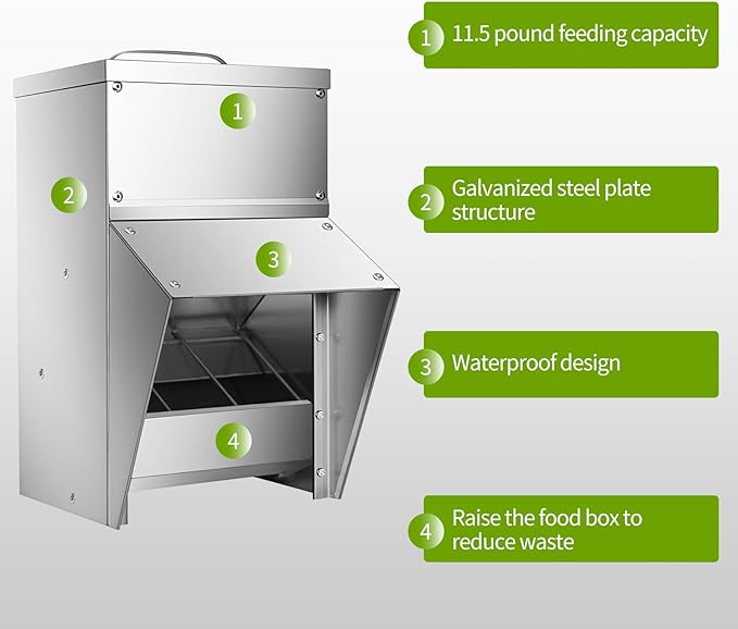 RYFT Galvanized Chicken Feeder 11.5 Lbs Capacity, Outdoor Rat Proof Metal Poultry Feeder with Lid, Hanging Chicken Feeder, Coop Food Dispenser No Waste for Chicken， Duck