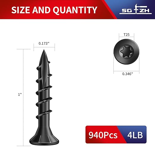 #8 x 1 Inch Deck Screws (940Pcs) 4lb. Carbon Steel, Black, Flat Head, Rust Resistant epoxy Coated, with T25 Star Bit