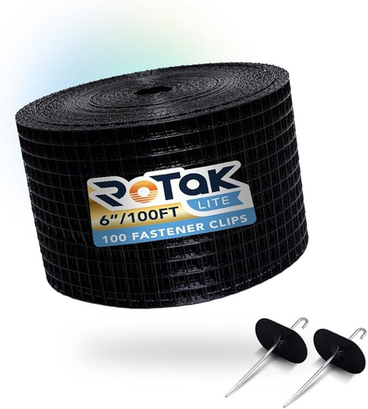 ROTAK Critter Guard - 6in x 100ft Solar Panel Bird Prevention Roll Kit with Fastener Clips - Galvanized Black PVC Coated ½ inch Wire Roll Mesh (6" x 100' with 100 Fastener Clips)