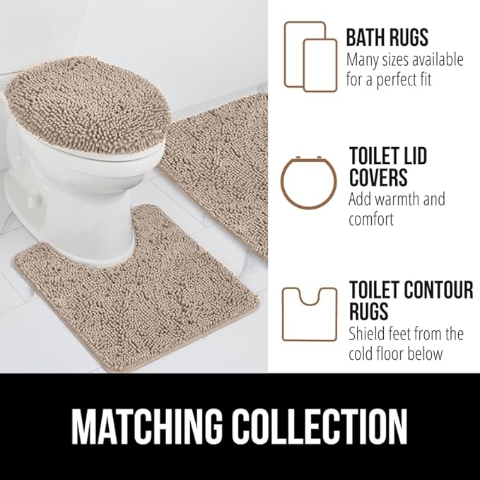 GORILLA GRIP Plush Absorbent Shaggy Chenille Bath Rug Mat for Square Toilet Base with Rubber Backing, Machine Washable Rugs, Soft Microfiber Contour Mats for Toilets, Bathroom Decor, Gray Beige