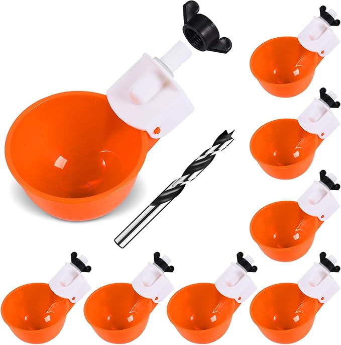 Chicken Waterer Cups (8 Pack/Orange) - DIY Automatic Large Chicken Water Feeder for Ducks,Chicks, Turkeys, Quail, Bunny, Bird and Other Various Poultry Dispenser with Matching Drill