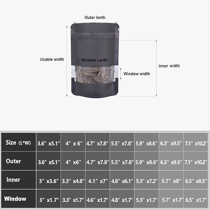 5.5"x7.8" 120pcs Mylar Bags for Food Storage,Smell Proof Bag with Matte Window Resealable Food Storage Bags for Small Business, Stand-up Foil Pouch Packaging Freeze Dried Candy Bag(Black)