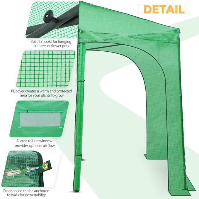 EAGLE PEAK Instant Pop-up Greenhouse, Indoor Outdoor Plant Gardening Green House, Roll-Up Zipper Doors and Side Windows, Lean-to 9x4 ft, PE Cover, Green/Clear