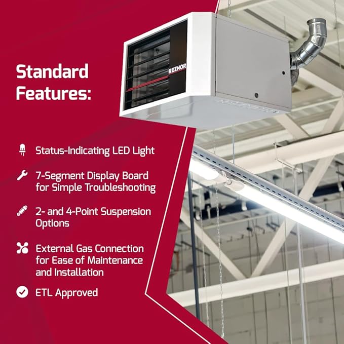 Reznor 225,000 BTU LP Gas Commercial Propane Heater | Garage, Warehouse, and Propane Shop Heater | Forced Air Unit, Ceiling Mount, Low Static Propeller Fan | Horizontal Cat 1 B-Vent Kit | UDXC-225