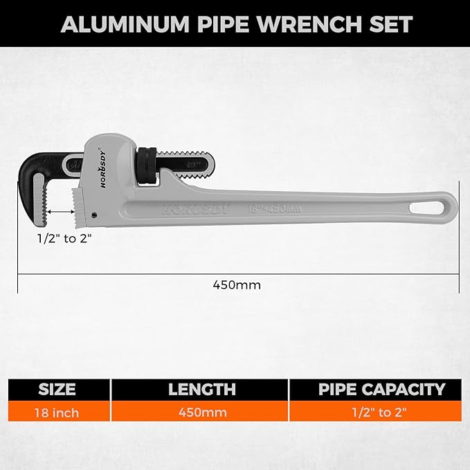 HORUSDY 18-Inch Pipe Wrench, Aluminum Heavy-Duty Adjustable Plumbing Wrench, 450mm, 1/2"–2" Pipe Capacity, Strong Grip & Durable, Lightweight Gray for Professionals & DIY