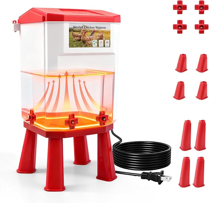 3 Gallon Heated Chicken Waterer for Winter Automatic Chicken Water Heater,Adsjustable Height Anti-Freezing Poultry Watering System with Thermostatic Control,Red,12.6 in x 8.3 inch x 8.3 in