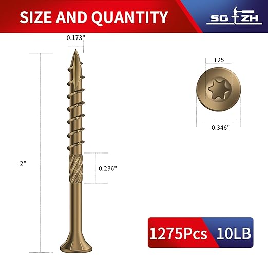 #8 x 2 Inch Deck Screws (1275Pcs) 10lb. Carbon Steel, Yellow, Flat Head, Rust Resistant epoxy Coated, with T25 Star Bit