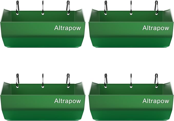 4.5 Quart Hanging Goat Feeder [Material of Metal] with Clips and Nylon Tie Wraps, Fence Feeder [Sturdy and Durable] for Goat, Pig and Dog, Green, 4 Pack