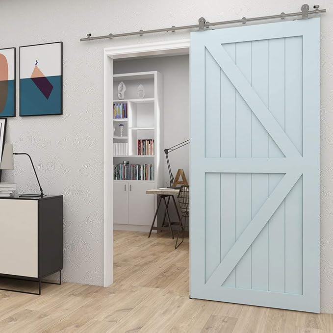 TSMST 10FT Sliding Barn Door Hardware Kit, Top Mount Stainless Steel Heavy Duty Sturdy Barn Door Track for Single Wood Door, Slide Smoothly Quietly (T Style)