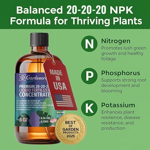 Gardenera Premium All-Purpose 20-20-20 Liquid Fertlizer - 𝐂𝐎𝐍𝐂𝐄𝐍𝐓𝐑𝐀𝐓𝐄 - Increases Flowering and Yield on All Varieties of Fruits, Vegetables and Flowers| Liquid Plant Superfood (32 OZ)