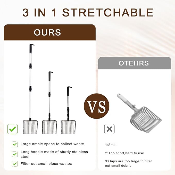 Chicken Coop Accessories Stretchable Metal Chicken Poop Scooper Sifting Poop Shovel Tools for Cleaning (3 in 1)