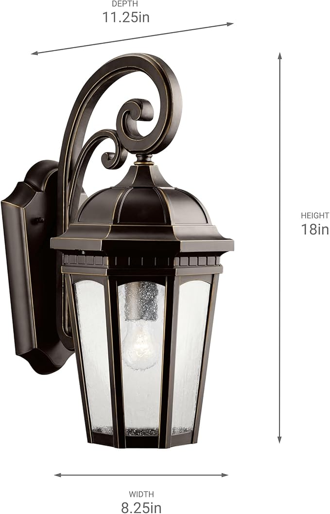 Kichler Courtyard 17.75" 1 Light Outdoor Wall Light with Clear Seeded Glass in Rubbed Bronze for Entry or Garage Doors, 18" H x 8.25" W x 11.25" Ext.) 9033RZ
