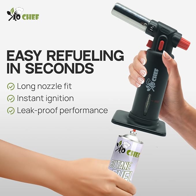 Jo Chef Kitchen Torch with Butane Included – Refillable butane torch Lighter with Safety Lock & Adjustable Flame, Culinary Blow Torch for Cooking, Creme Brulee 2 Cans (3.38oz) Included Black