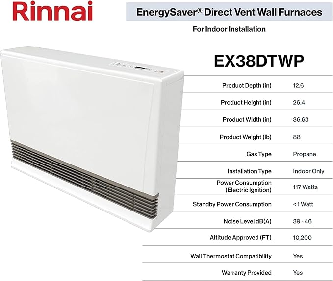 Rinnai EX38DTWP Direct Vent Wall Furnace, Indoor Propane Heater, Energy Efficient Space Heater, 36,500 BTU, White large