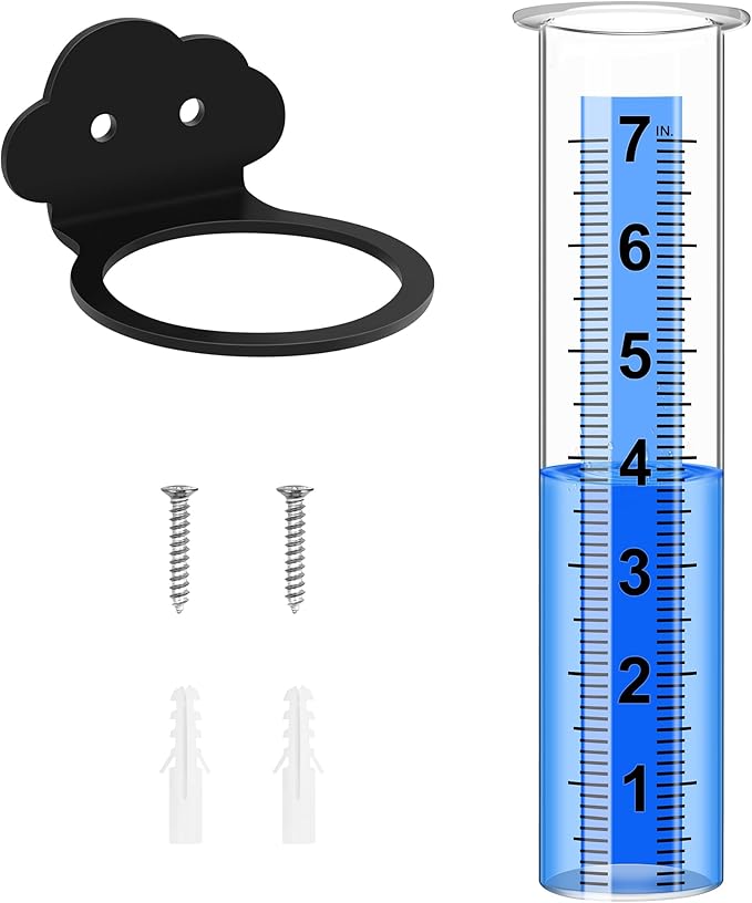 Rain Gauge Outdoor, Rain Gauge Replacement Tube with Stainless Steel Mounting Rack Holder, 7" Clear Large Numbers Rain Gauge Measuring Tool for Garden Yard Lawn Patio Yard Fence and Farm Use (Cloud)