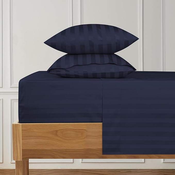 URBANHUT 1000 Thread Count Damask Striped Full Sheet Set Egyptian Cotton Sheets, Long Staple Soft & Breathable, 4 Pc Bed Sheet Sets, Luxury Hotel Sateen Sheets Fits 16" Deep Pocket - Navy Blue