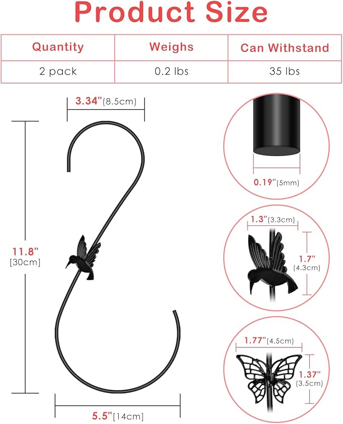 PACETAP Bird Feeders Hanger 12-Inch, 2PCS Metal Hummingbird Feeder Hook, Heavy Duty Plant Hangers Outdoor for Hanging Plants, Wind Chimes, Christmas Ornaments and More (Black)