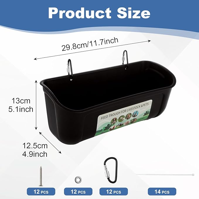 6 Pack Goat Feeders Hanging 3.5 Quart Chicken Feeder Waterer Trough, Goat Mineral Feeder Fence Feeder for Livestock Poultry, Duck, Black