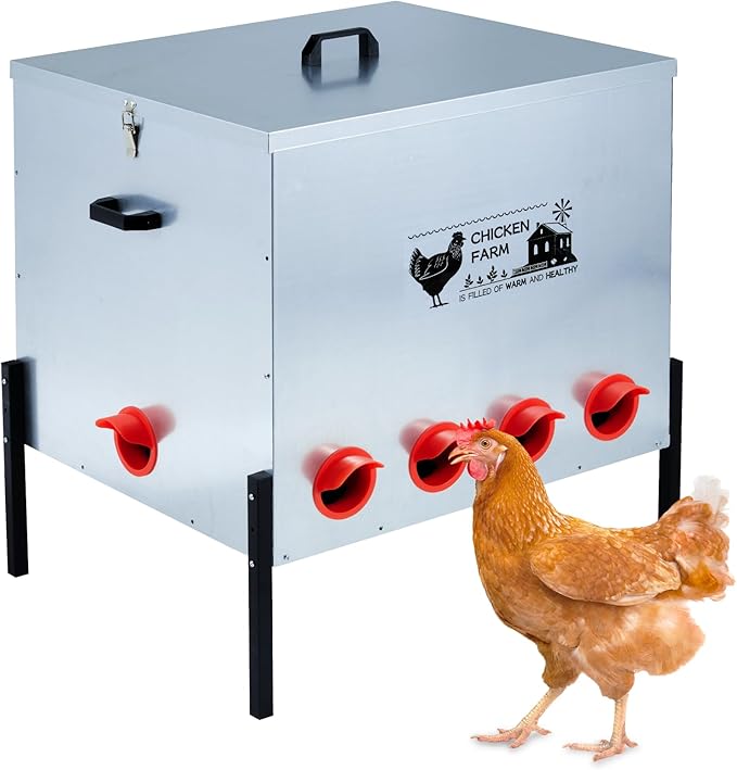 Automatic Chicken Feeder Box 100 lbs, 10 Feeding Ports, No Waste Poultry Feeder with Locking Lid and Adjustable Legs for Chickens, Ducks, Geese Galvanized Metal (100 Lbs-10 Ports)