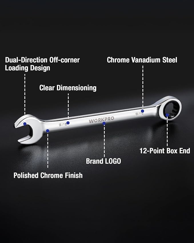WORKPRO 9/16" Ratcheting Combination Wrench SAE, CR-V Constructed with Mirror Polish Chrome Plating, 12-Point Design, 15-Degree Offset