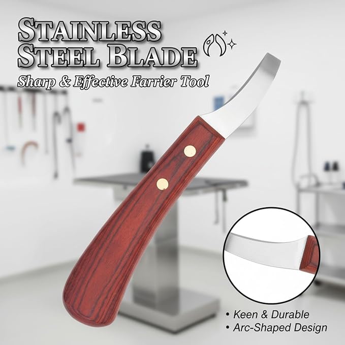 Professional Hoof Trimmer, Sharp Stainless Steel Hoof Knife for Horses, Goats & Cattle, Ergonomic Wood Handle Shears for Farrier & Livestock Hoof Care, Non-Slip Grip