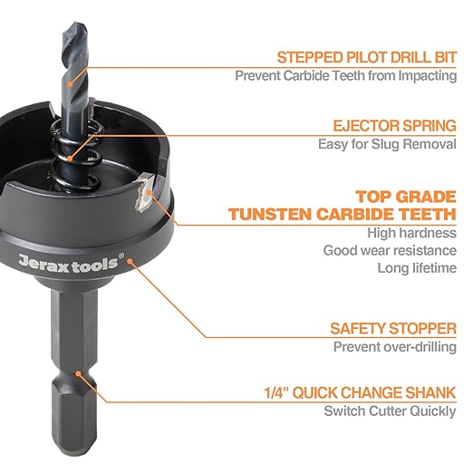 Tungsten Carbide Tipped Hole Cutter,1-1/8 inch TCT Hole Saw with 5mm Hole Depth Heavy Duty for Stainless Steel, Mild Steel, Iron, Copper, Brass, Plastic