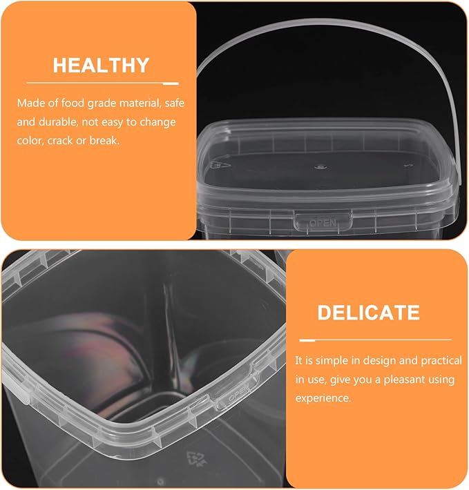 Baluue 6pcs Ice Cream Bucket Food Grade Reusable Food Grade Plastic Square Bucket with Lid Clear Storage Pail for Kitchen Storage Meal for Kitchen Household Container 1L