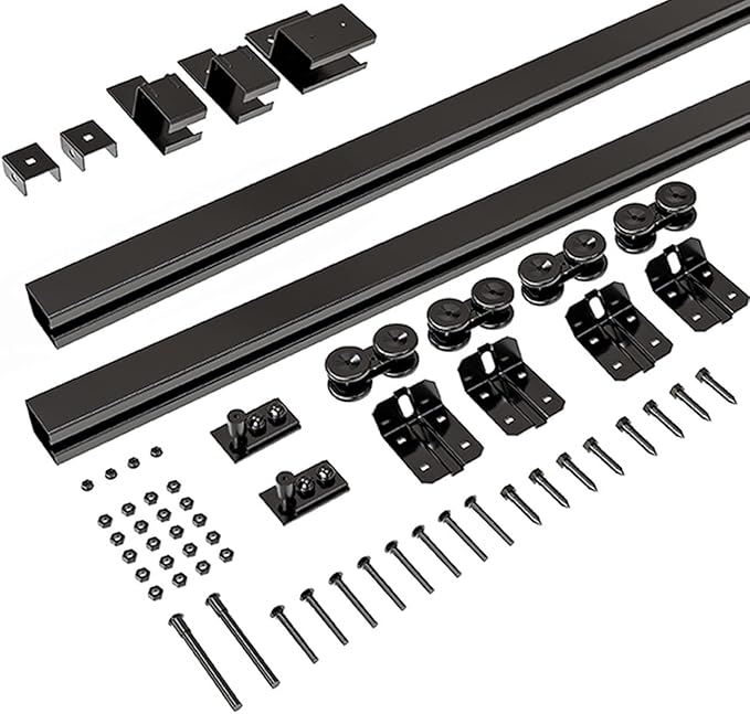 10FT Box Rail Hardware Heavy Duty Steel Sliding Barn Door Track, Ceiling Mount Kit, Fit Indoor and Exterior Door, Smoothly and Quietly Easy to Install Double Door Hardware