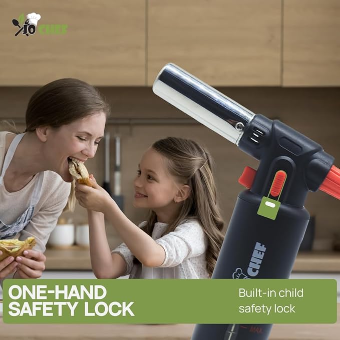 Jo Chef Kitchen Torch with Butane Included – Refillable butane torch Lighter with Safety Lock & Adjustable Flame, Culinary Blow Torch for Cooking, Creme Brulee 2 Cans (3.38oz) Included Black