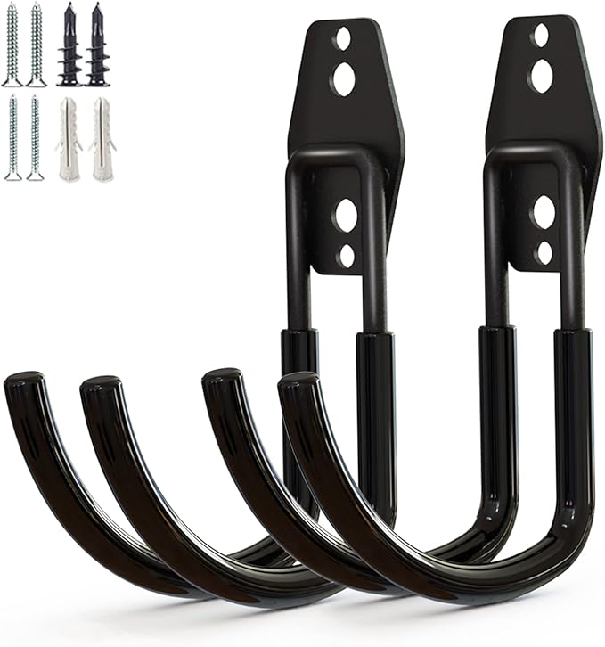 Garage Storage Utility Hooks，Garage Garden Tool Organizer，Steel Wall Mount Hooks, Large Garden U Hooks （2 Pack） (Type-2-Black)