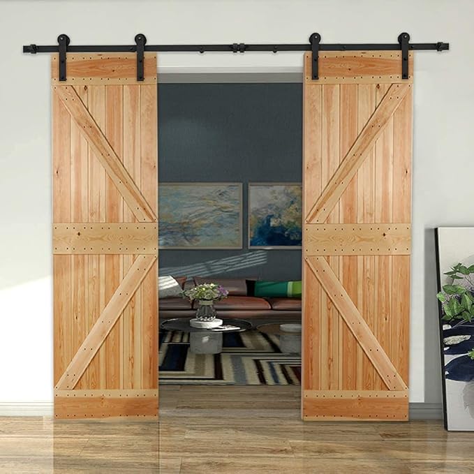 CCJH 15FT Sliding Barn Door Hardware Kit, Heavy Duty, Smoothly and Silently, Easy to Install, Fit 45" Width Double Door Panel, I Shaped Hangers Black