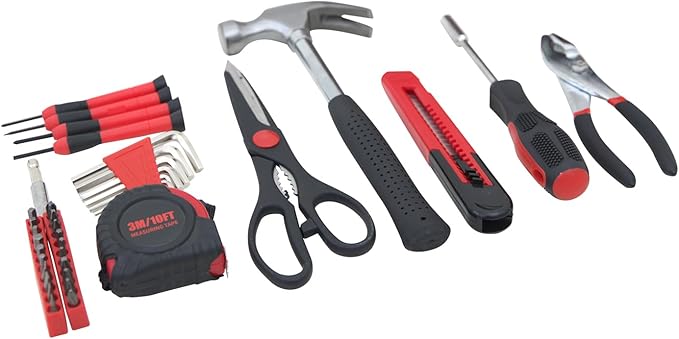 39-Piece Household Tools Kit - Comprehensive and Essential Repair Set Tools for Dorm, Home Use, DIY (39p-red)