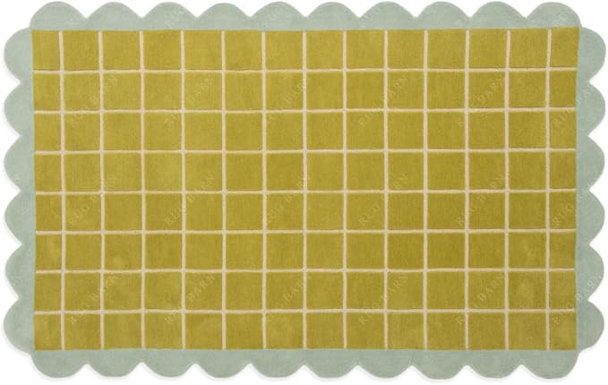 Checkered Wool Area Rug with Scalloped Border, Chartreuse Green & Cream Grid, Hand-Tufted, Soft Cut Pile, Modern Cottagecore Living Room, Bedroom & Nursery Carpet - 8x12 Ft